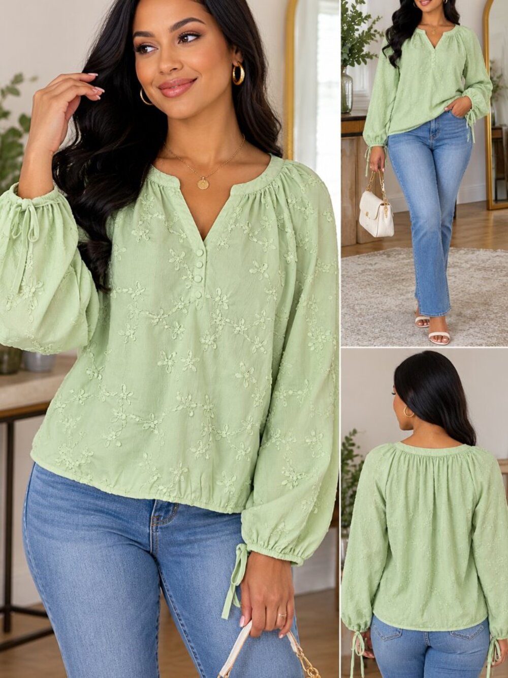 BCX Mint Green Floral Embroidered Long Sleeve Blouse Size M - Picture 2 of 9
